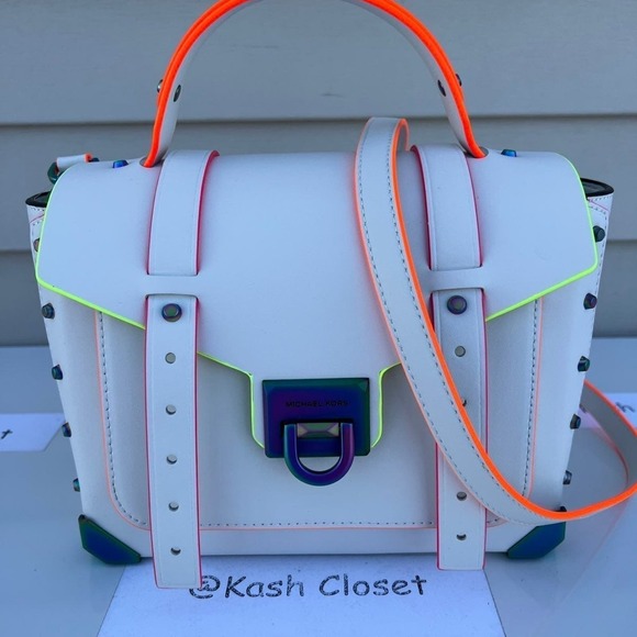 Michael Kors Manhattan Satchel Medium Leather Contrast-Trim Satchel Optic white - Picture 6 of 12